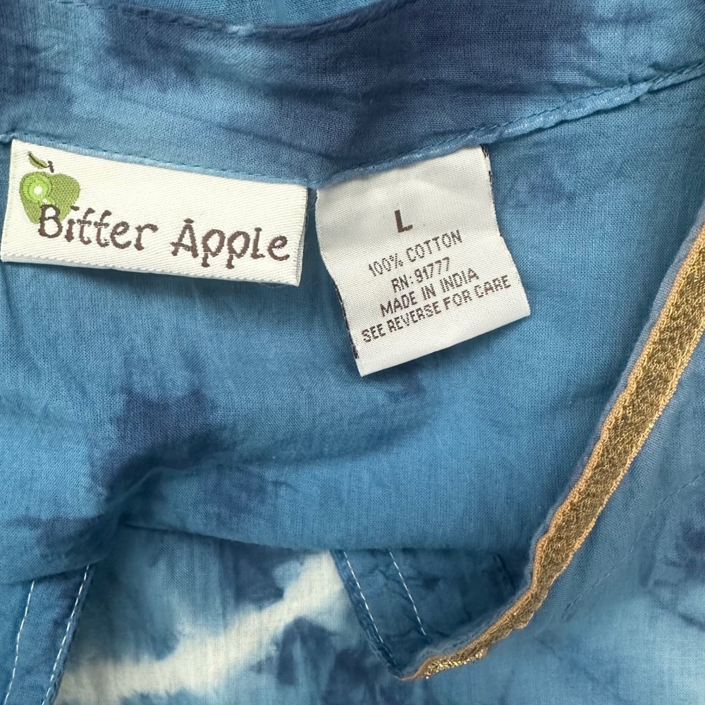 Bitter Apple Blue Tie Dye Cotton Kaftan Cover up Tunic Gold Trim Womens Large - Picture 4 of 7